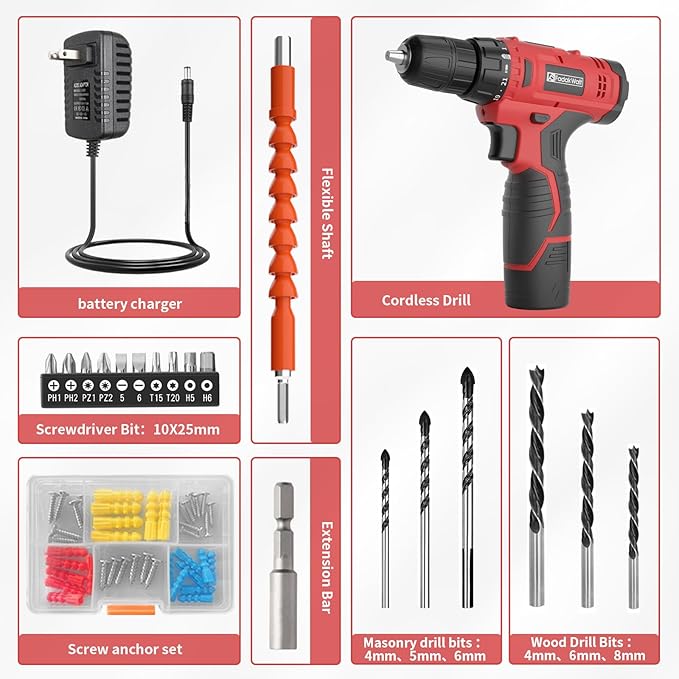 Fadakwalt Cordless Drill Set, 20V Electric Power Drill with Battery And Charger