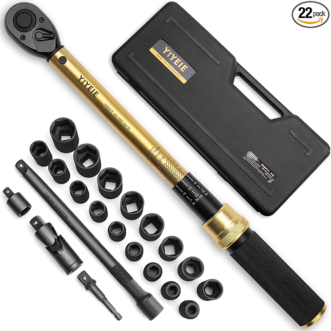 22PCS Torque Wrench Set 1/2" Drive, 10-180 ft.lb/13.6-244.1 Nm, Click Torque Wrench with Impact Sockets, 1 ft.lbs Micro, 72-Tooth Ratchet, Quick Release Head, Master Torque Tool for Car Repair