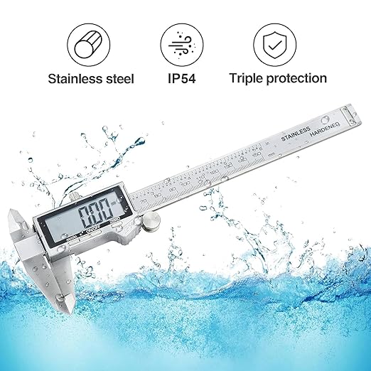Digital Caliper Measuring Tool, IP54 Waterproof Stainless Steel Vernier Caliper Digital Micrometer with Large LCD Screen, Easy Switch from Inch Metric, 6 Inch Caliper Tool for DIY/Household