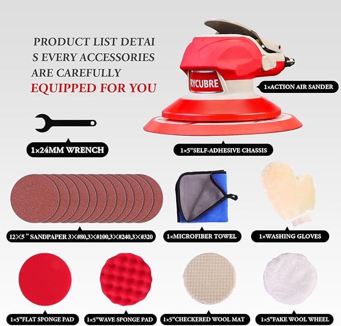 5/6 Inch Pneumatic Orbital Air Sander High-Speed DA Sander for auto body/Ideal for Woodworking, Auto Polishing, and Metal Sanding (6 inch)