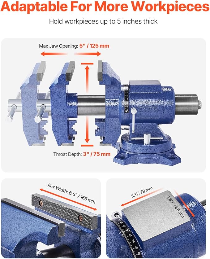 VEVOR Heavy Duty Bench Vise, 6-1/2" Jaw Width, 5" Max Jaw Opening Multi-Purpose Ductile Iron Bench Vise with Anvil, 360° Swivel Base Head, 3" Throat, 5620 lbs Clamp Force, for Pipe Repairing