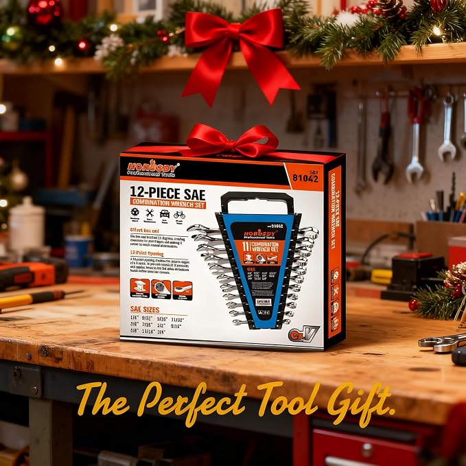 HORUSDY 11-Piece SAE Combination Wrench Set, 1/4''–3/4'' 12-Point Open End and Box End Wrench Kit with Organizer, Chrome Vanadium Steel Tools for Mechanics, Garages and Workshops