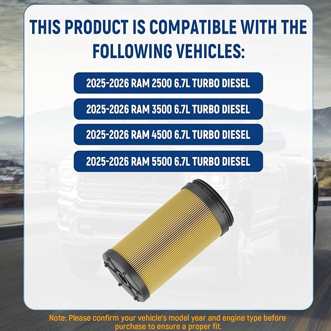 68677810AA Oil Filter, 2025-2026 6.7 Cummins Oil Filter | Fits for 2025-2026 Dodge Ram 2500 3500 4500 5500 6.7L Cummins Turbo Diesel Engines