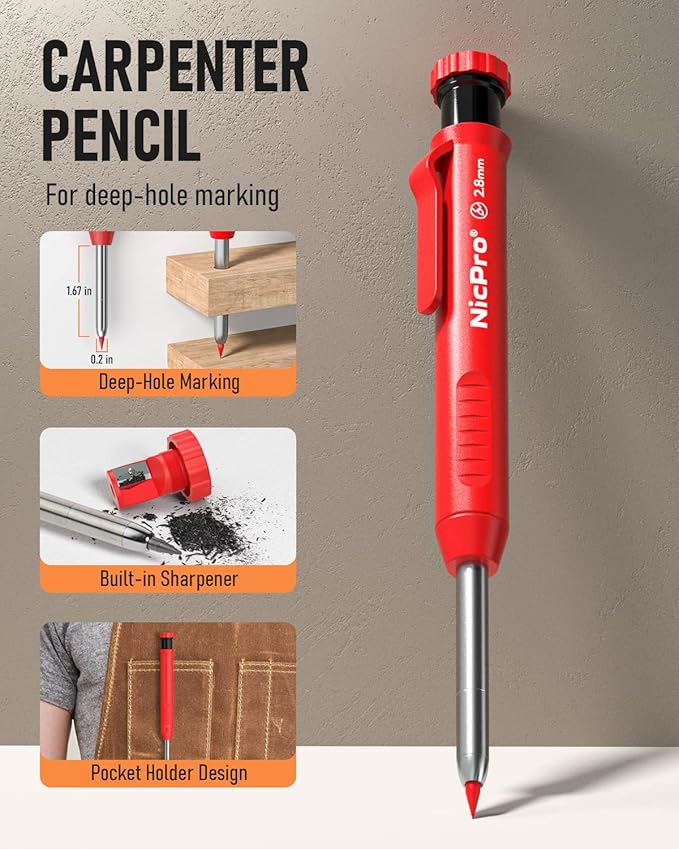 Nicpro 1 Pack Carpenter Pencil with Sharpener, 2.8 mm Mechanical Pencils with 13 Refills, Deep Hole Marker for Construction, Heavy Duty Woodworking Pencil, Carpenter Tools for Architect Marking