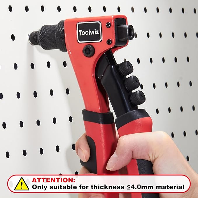 Toolwiz Rivet Gun One-Handed Rivet Gun Kit with 200pcs Rivets, 4pcs Tool-Free Interchangeable Heads and 4pcs Drill Bits - Heavy Duty Hand Riveter for Metal, Wood, Plastic, Leather, Fabric