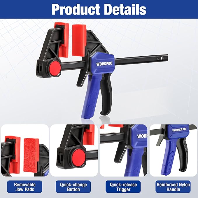 WORKPRO Mini Bar Clamps for Woodworking, 6PC One-Handed Spreader/Bar Clamp, 6-Inch (4) Light-Duty Quick-Change Wood Clamps Set and 6-Inch (2) Mini F Clamp, 150 lbs&50 lbs