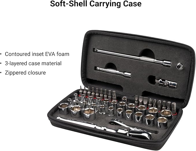 TEKTON 1/4 Inch Drive 12-Point Small Engine Socket Set, 50-Piece | SKT07908 | (5/32 - 9/16 in., 4 - 15 mm, Phillips #1 - 3, Slotted 3/16 - 5/16 in., T7 - T30), Shallow, Zipper Case, Custom Foam