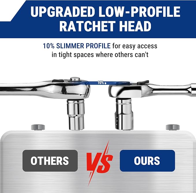 WORKPRO 1/4-Inch Drive Low-Profile Ratchet, 90-Tooth Ratchet Wrench | Quick-Release Socket Wrench for Men Women, Reversible, 4° Swing, CR-MO Compact Drive Head, Full Polished