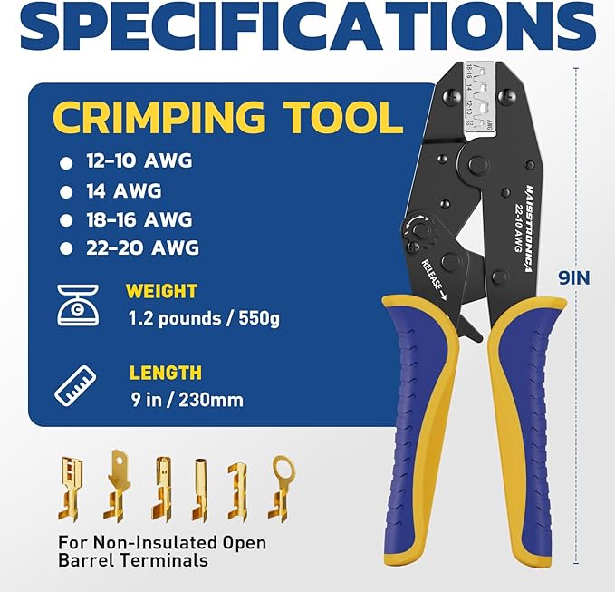 Haisstronica Crimping Tool for Non-Insulated Open Barrel Terminals Receptacles,AWG 22-10 Ratchet Wire Crimper Tool,Wire Terminal Crimper HS-5327