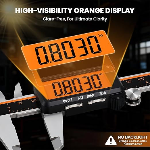 HARDELL Digital Caliper, Rechargeable Calipers with Large Orange Screen (No Backlight), Anti-Glare LCD & ABS Function, in/MM Caliper Measuring Tool, Stainless Steel Micrometer -Auto Off for Household