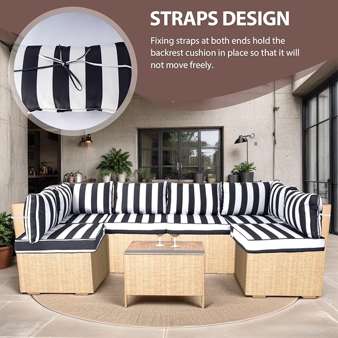 14 Piece Outdoor Furniture Replacement Cushions, Cover+Filling, 25.6" x 25.6" x 4" Foam Waterproof Outdoor Sofa Cushion Sets, Fit Wicker Rattan Sectional Conversation Set, Grey Black Stripes