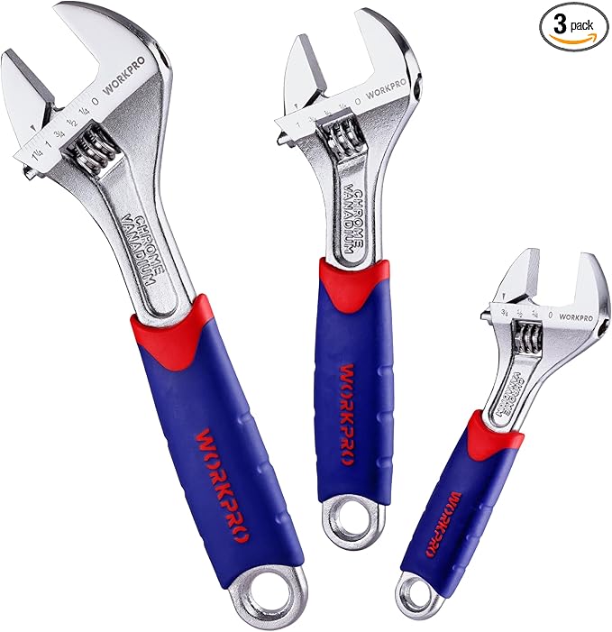 WORKPRO 3-piece Adjustable Wrench Set CR-V with Rubberized Anti-Slip Grips 10-inch, 8-inch, 6-inch