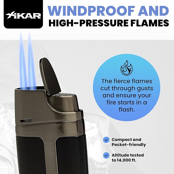 XIKAR ELX Double Jet Flame Butane Torch Lighter with 9mm Cigar Punch – Refillable Butane Lighter with Fuel Window – Wind-Resistant Adjustable Flame – Premium Cigar Accessory – Black with Gunmetal