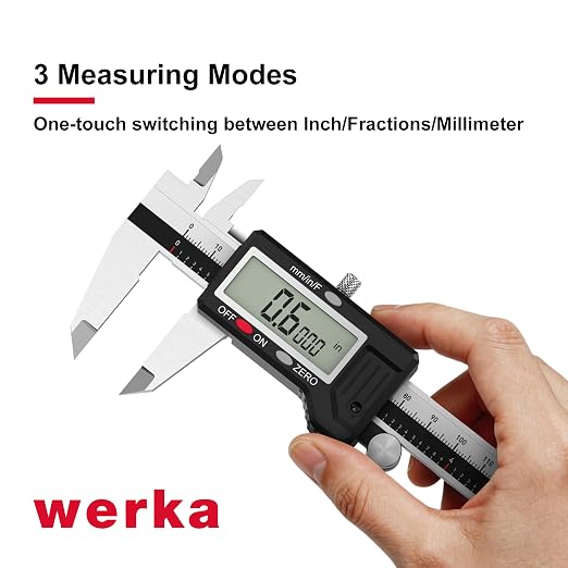 werka Digital Caliper, Calipers Measuring Tool, Auto-Off Micrometer Caliper with 0.001”High-Accuracy,Inch/Fraction/Millimeter Conversions Button,4 Measuring Ways, Stainless Steel (12 Inch)