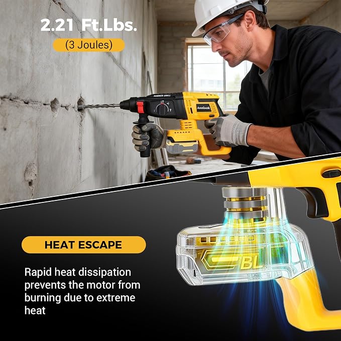 SDS-Plus Cordless Rotary Hammer Drill Compatible with DeWalt 20V MAX Battery (Tool Only), Hammer Drill for Concrete with 4 Functions, Rotomartillo Brushless Motor Includes 5 Drill Bits, 2 Chisels