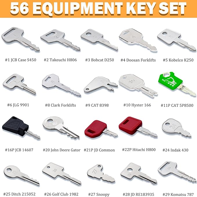 56 Premium Heavy Equipment Keys Master Set Original Construction Machine Ignition Keys Fits Cat Caterpillar JCB Case John Deere Komatsu Kubota Yanmar Linde Takeuchi Ford Holland Volvo