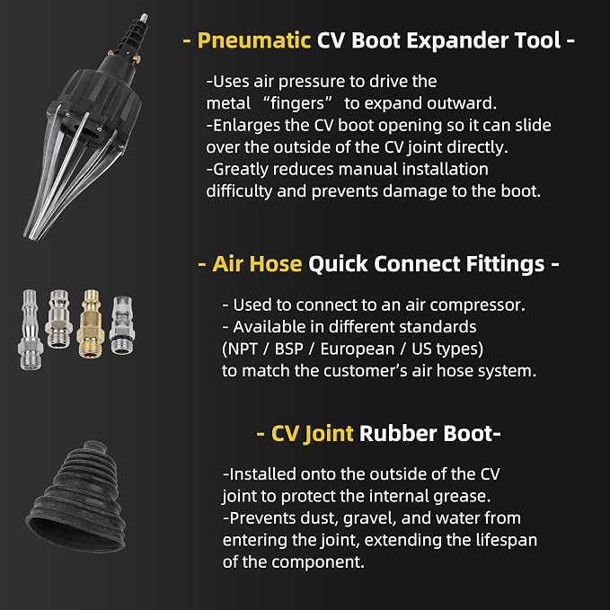 Dasbecan Upgraded Pneumatic CV Boot Expander Tool, CV Boot Installation Kit | Black Universal CV Boot Spreader for BMW UTV ATV, Basic Kit Includes 1 Boot and 2 Clamps, 4 1/4" NPT Air Hose Nipple
