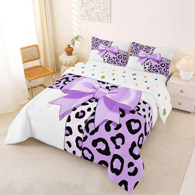 Feelyou Leopard Print Bedding Set Soft for Boys Girls, Purple Cheetah Bow Comforter Set Queen Size Animal Fur Duvet Quilt Microfiber Bedroom Decor 3 Pcs with 2 Pillow Cases