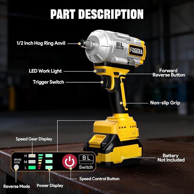 1/2" Cordless Impact Wrench for Dewalt 20V Battery, 1100 Ft-lbs (1500N.m) | (Battery Not Included), High Torque Impact Driver, Brushless Impact Gun, with 3 Speed Modes, LED Light, 6 Impact Sockets