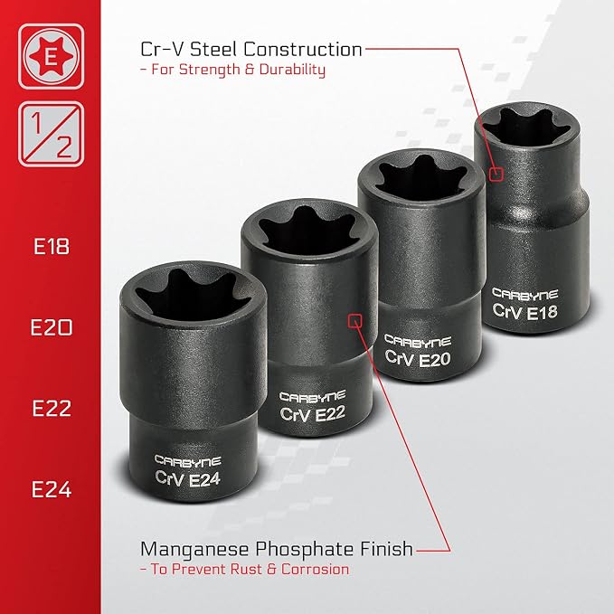 CARBYNE 13-Piece External Torx (E-Torx) Socket Set, E4 to E24, CrV Steel, Manganese Phosphate Finish, 1/4 3/8 1/2 in. Drive, Laser Etched, Socket Rail Included