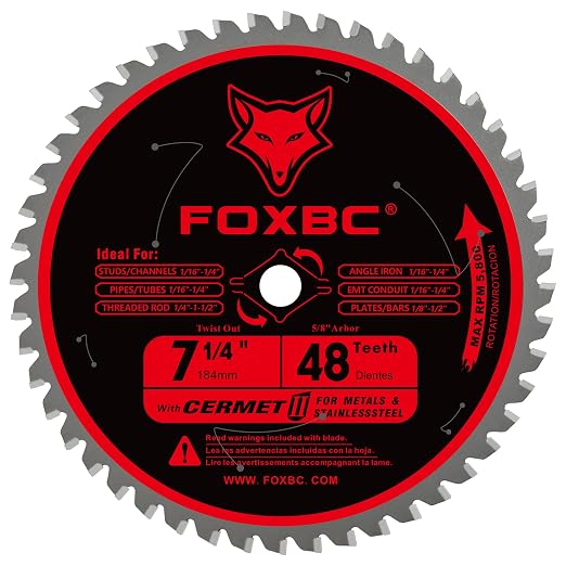 FOXBC 7 1/4 inch Metal Circular Saw Blade 48 Teeth, Metal and Stainless Steel Cutting Saw Blade, Ceramic Carbide with 5/8 Arbor - 2 Pack