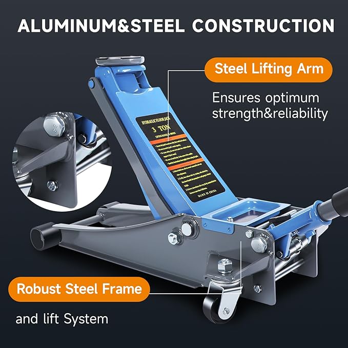 LARBANKE 3 Ton Low Profile Floor Jack,Hydraulic Carbon Steel Car Jack with Dual Pistons Quick Lift Pump,Easily Slide into Cars&Provide Stable Support,Lifting Range2.87-19.69",for Verious Cars