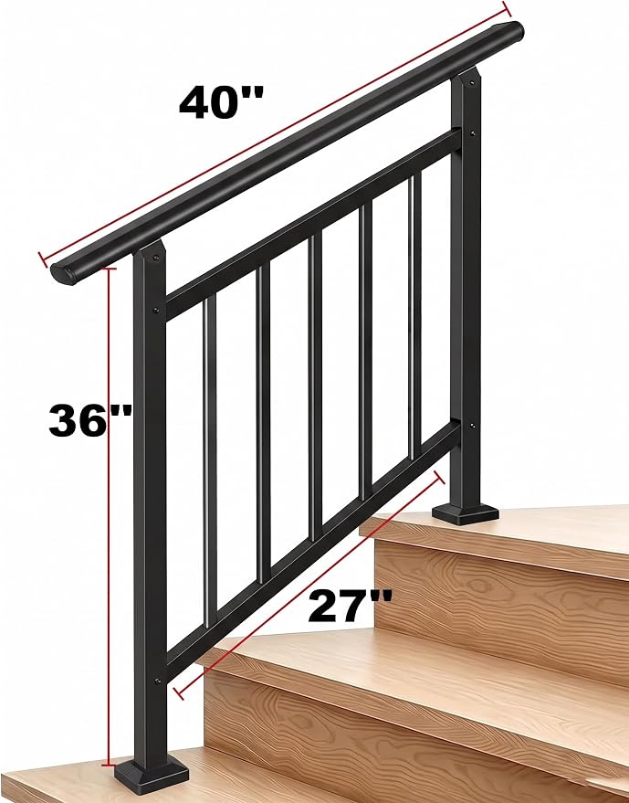 Hand Rails for Outdoor Steps，Stair Handrail & Indoor Stair Railing Kit，Railings for Outdoor Steps for Fence & Outdoor Steps (1, Black-with Balusters, 3 Step)