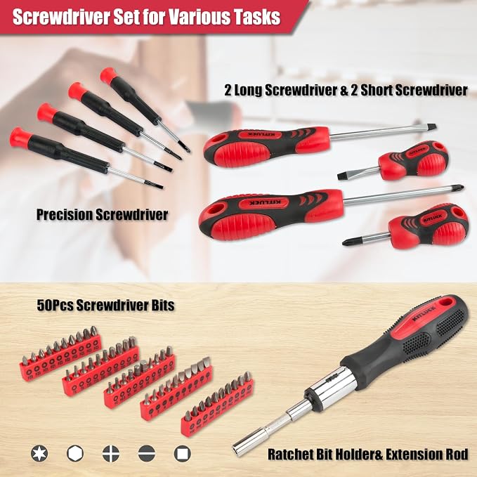 KITLUCK 228-piece Home Tool Kit, Household Hand Repair Tool Set for men, Portable Tool box Set with Tools (Screwdriver, Wrench, Plier, Socket, Harmer, Hex Key, Rule, Saw, Knife, etc.) for Home and Car