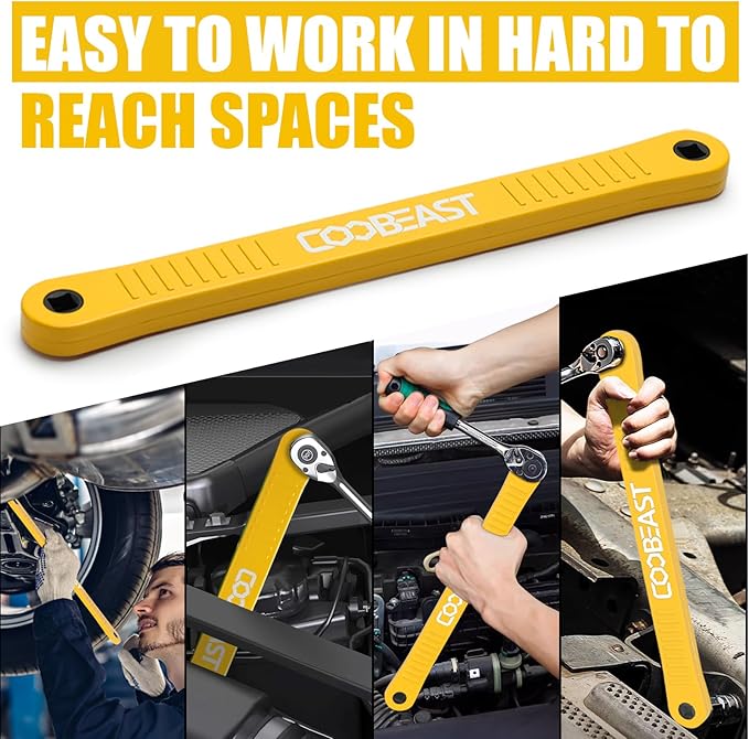 coobeast Offset Extension Wrench Impact Ready Socket Wrench Extender Tool with Versatile 1/4", 3/8", and 1/2" Square Drive Adapters, Universal Extensions Wrench for Small Place, Yellow