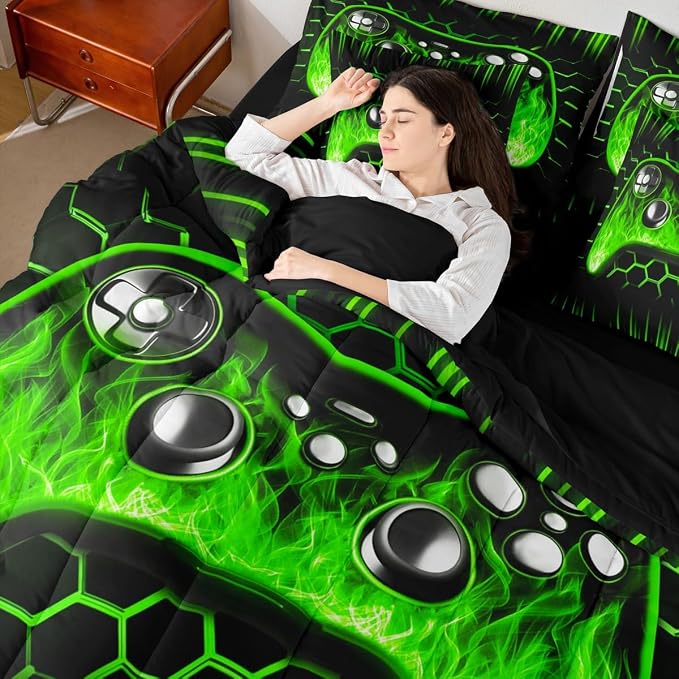 Erosebridal Boys Gaming 7 Piece Comforter Set Full Bed in a Bag Ombre Art Honeycomb Bedding Set Green Neon Lights Sheet Set Game Console Bed Set Geometric Hexagon Beehive Gaming Room Decor