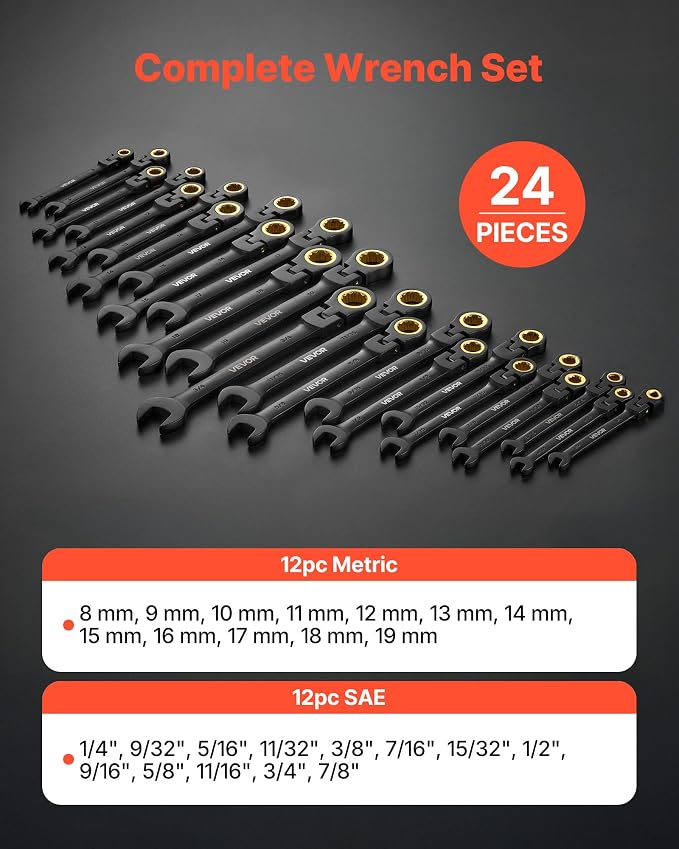 VEVOR 24-piece Ratcheting Wrench Set with 180° Flex Head, Anti-Slip Tooth, Combination Wrench Sets with Organizer Box, Metric 8-19mm & SAE 1/4-3/4", Black Electrophoretic Coating