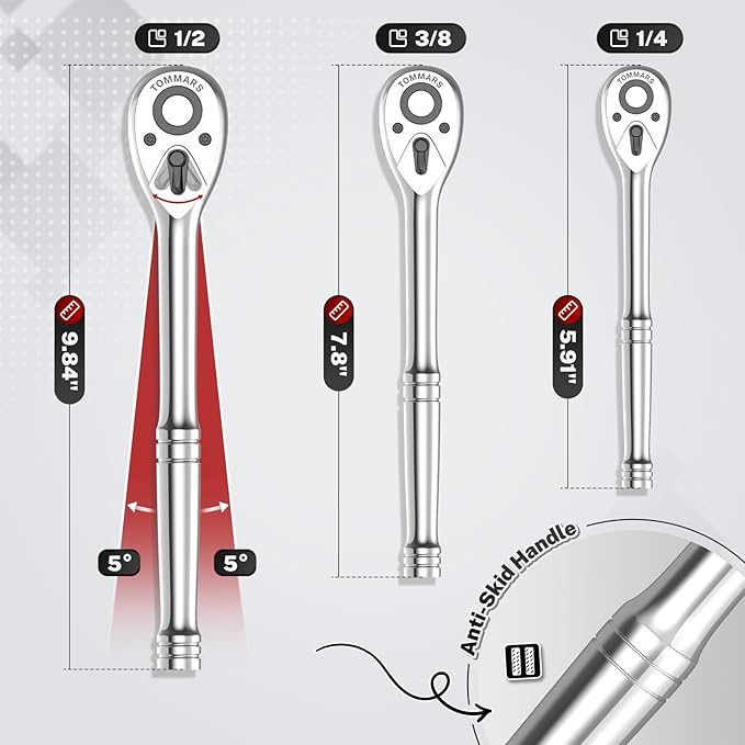 TOMMARS 1/2" Drive Ratchet Wrench, 72-Tooth Quick-Release Reversible Socket Ratchet, 5° Swing Arc Mechanic Hand Tool, Automotive Repair & Gifts for Men