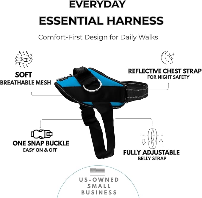 ShawnCo Essential Dog Harness, No-Pull Pet Vest (Oceanic Blue,L) | 3 Leash Clips, Easy On, No-Choke, Reflective, Adjustable Fit, Padded Comfort, Control Handle, For Small, Medium & Large Dogs