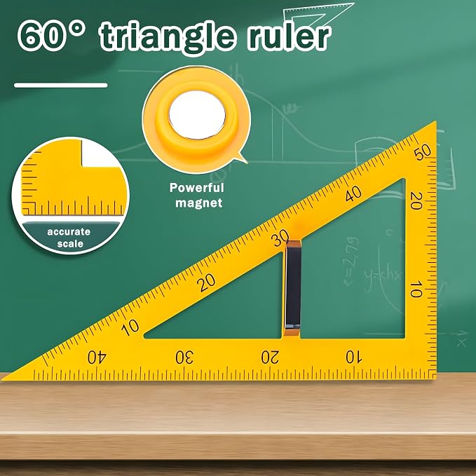Magnetic Teaching Ruler Set with Multi-Functional Geometry Tools Durable ABS Plastic for Whiteboard Classroom Projects Student Teacher Math Supplies (Yellow 2pcs)