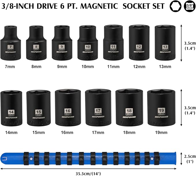 MIXPOWER 3/8" Drive Shallow Magnetic Impact Socket Set with Storage Rails, 13-Piece, 6 Point, 7-19mm, Metric, CR-MO