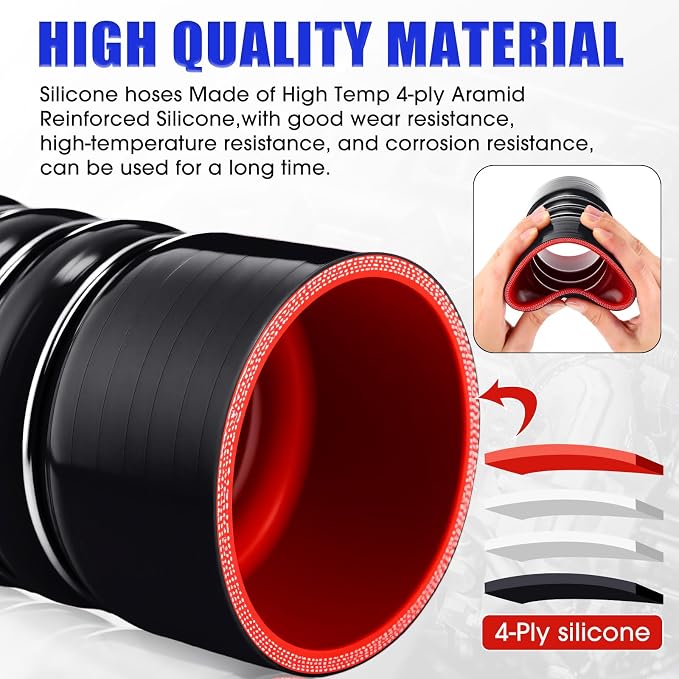 4 Pack 3"x 6" Silicone Charge Air Cooler Hump Hose with T-bolt Spring Loaded Clamps Semi Truck Hose Set Heavy Duty Turbo, Air Intake and Intercooler Kit(Black,3"x 6")