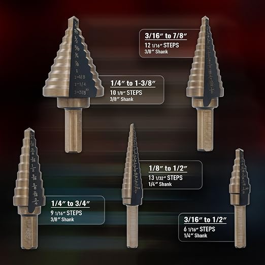 ZELCAN Step Drill Bits, HSS 5PCS Titanium Step Drill Bit Set, 50 Sizes in 5 High Speed Steel Unibit Drill Bits Set for Sheet Metal with Aluminum Case, Multiple Hole Stepped Up Bits for DIY Lovers