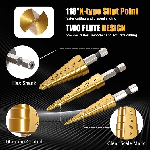 3PCS Titanium Step Drill Bit - 4241 HSS Step Bit with Two Straight Flutes, 28 Sizes for Metal, Aluminum, Wood & Plastic, Unibit for Electricians & DIY with Portable Bag