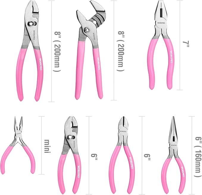 WORKPRO 7-piece Pliers Set with Groove Joint, Long Nose, Slip Joint, Linesman, and Diagonal Pliers for DIY & Home Use - Pink Ribbon