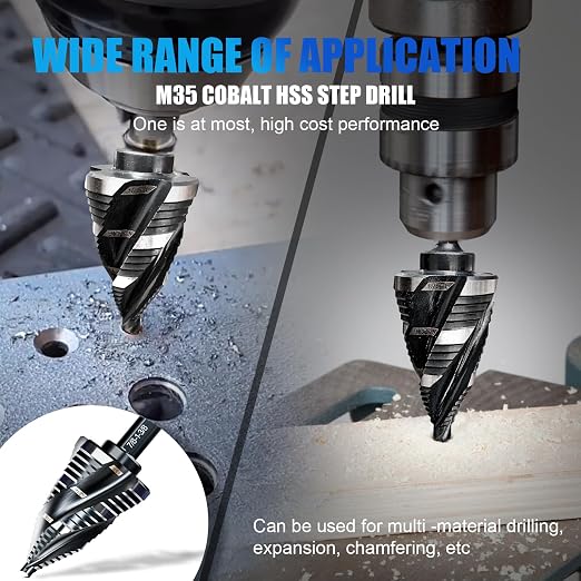 Four Spiral Flute M35 Step Drill Bit Set 1/4" - 1-1/8”(15 Sizes), 3/8" Shank for Metal Step Drill bit, Impact Resistant Cobalt Step Drill Bit, for Stainless Steel, Wood, Aluminum, Plastic