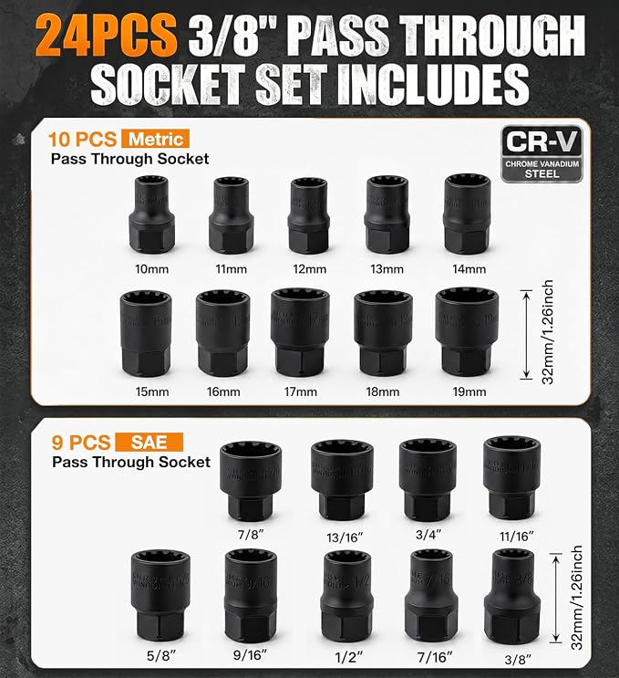 24 Piece 3/8" Through-Bolt Socket Set, 2-in-1 Ratchet (72-Tooth) | 12-point serrated through-hole Metric and SAE sockets
