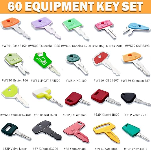 60 Construction Equipment Machinery Operator Key Set, Heavy Equipment Master Keys Set for CAT Catrepillar John Deere JCB Hyster Komatsu Kubota Takeuchi Volvo Yanmar Hitachi