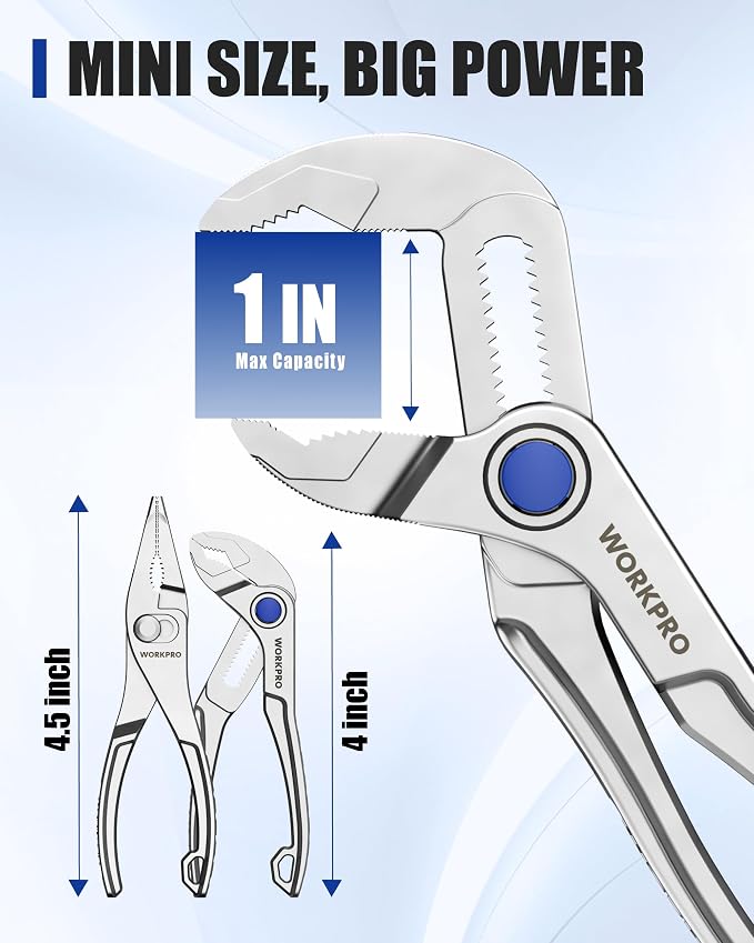 WORKPRO 2-Piece Mini Pliers Set with Pouch, 4-Inch Water Pump Plier & 4.5-Inch Long Nose Slip Joint Plier, Heavy-Duty Alloy Steel Mini Adjustable Plier, EDC Pliers for Tight Spaces & Versatile Use