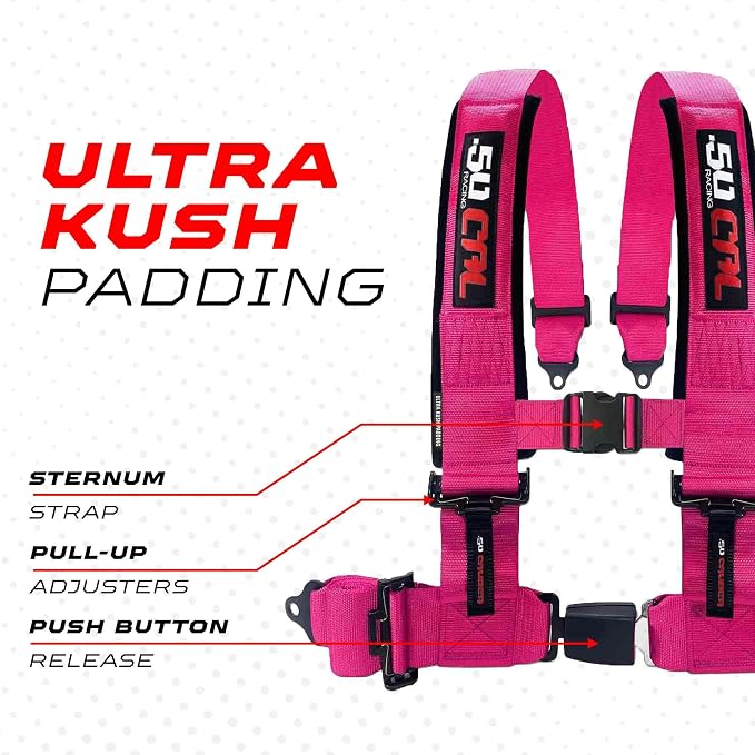 1pc 50 Cal Pink 4 Point Harness 2in Straps, Racing Harness Seat Belt | Ultra Kush padding, Push Button quick release hardware. Universal Fit for UTV, RZR, race car.