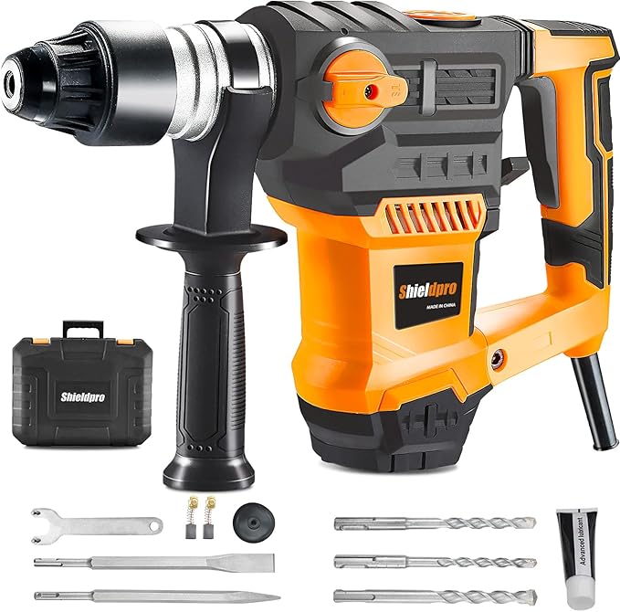 1-1/4 Inch SDS-Plus 13 Amp Rotary Hammer Drill Heavy Duty, Safety Clutch 3 Functions with Vibration Control,Including Grease, Flat Chisels, Point Chisels and 3 Drill Bits
