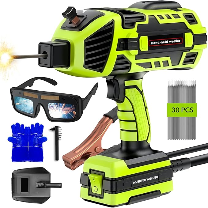 Portable Welding Machine, 110V Handheld Welder with 30PCS Rods & Auto Darkening Goggles, Electric ARC Welder Gun with IGBT Inverter 5 Variable Current Adjustment Fits for 3/32" Welding Rods