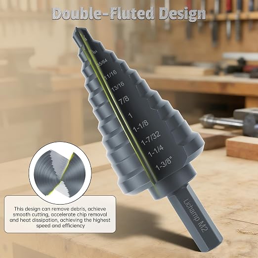 Lichamp Unibit Step Drill Bit for Metal, Genuine M2 Drill Stepper Bit for Hard Metal Heavy Duty, 11 Sizes from 1/4" to 1-3/8", Dual Straight Grooved with Hex Drive, A2BK