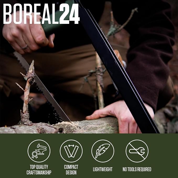 AGAWA - BOREAL24-24 Inch Folding Saw with All-Purpose Saw Blade - Camping Gear For Hiking, Fishing, Hunting, Bushcraft & Survival Kit (Black Frame/Green Handle)