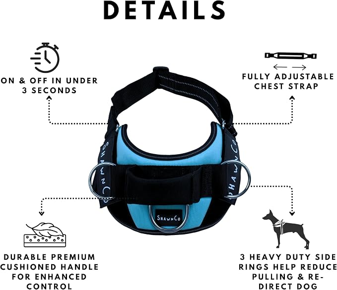 ShawnCo Essential Pro Dog Harness, No-Pull Pet Vest with 3 Leash Clips and Removable, Reflective Side Patches, Adjustable and Padded Harness for Small, Medium and Large Dogs (Electric Blue, M)