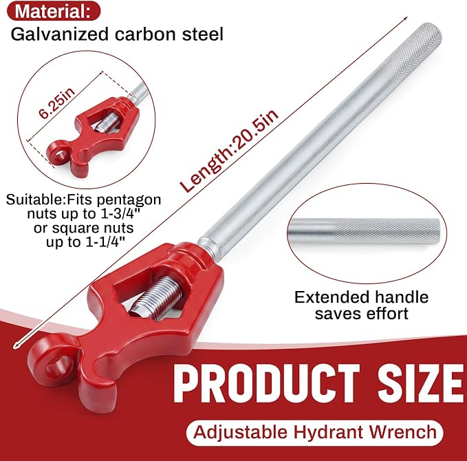 Tandefio 1 Pcs Fire Hydrant Wrench, Pentagon 1-3/4" /square 1-1/4", Red | Adjustable Hydrant Key for Utility Crews, Multifunctional Hydrant Wrench for Tightening Fire Nuts Tightening Water Pipes